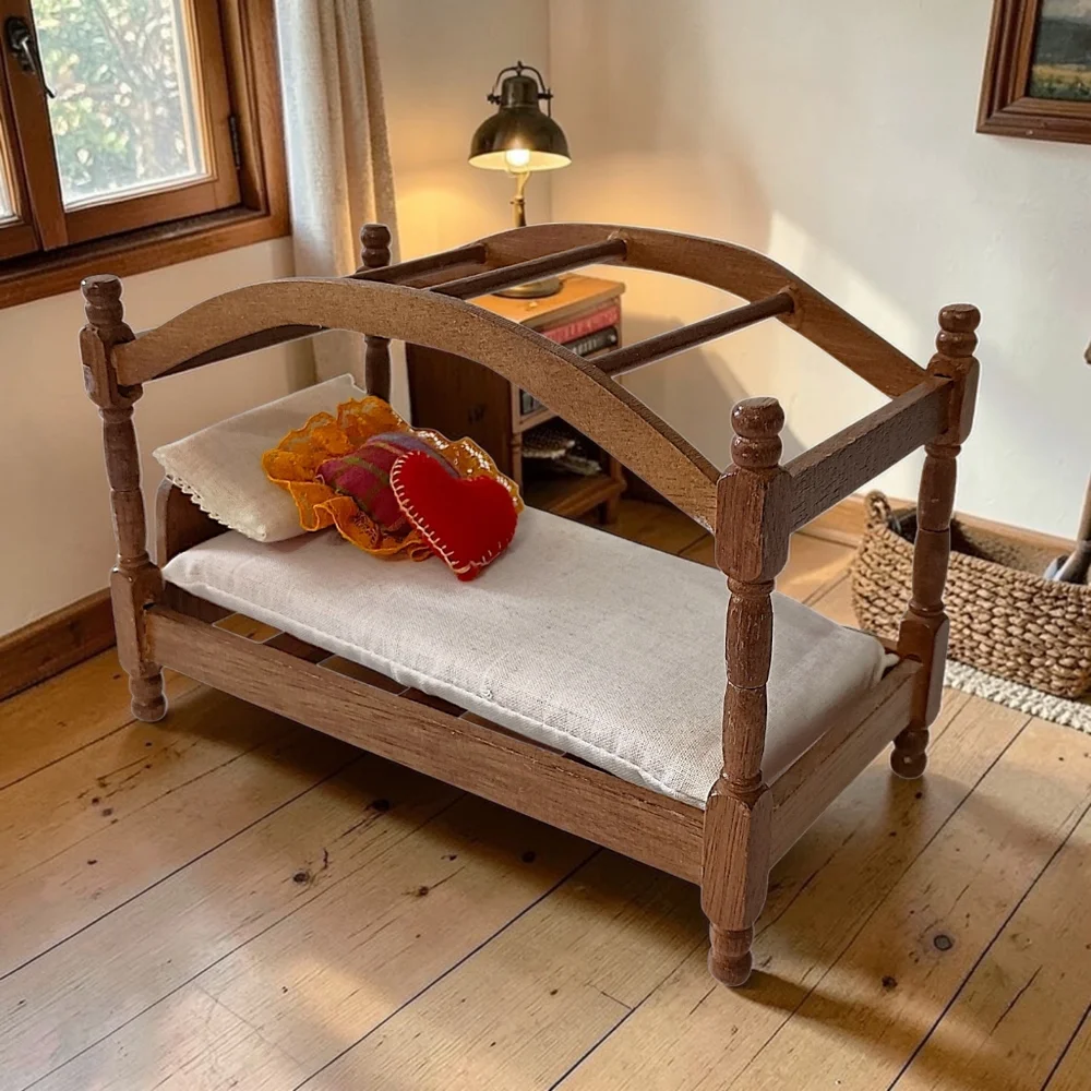 Vintage Dollhouse Canopy Bed Wood Miniature Furniture Pillows And Mattress‎